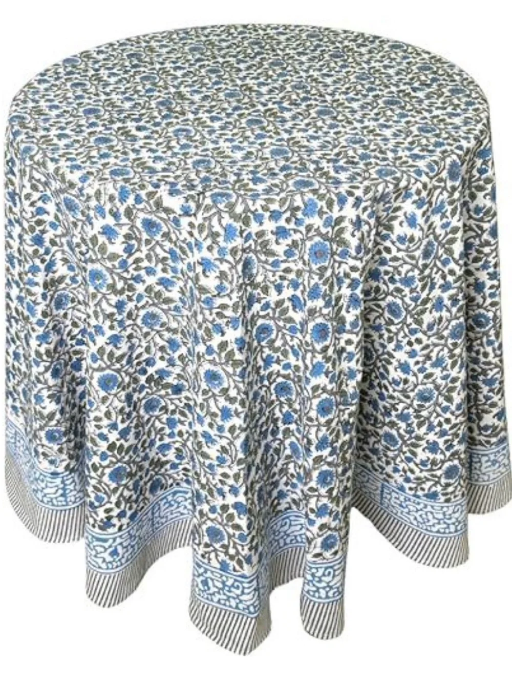 Blue and White Floral Round Tablecloth with Border
